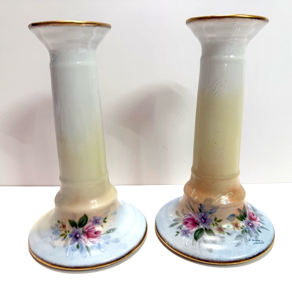 Pair of Vintage Limoges Candle Holders – Hand-Painted Floral – Gold Trim